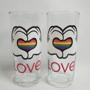 Disney Cup Rainbow Celebration Glass Tumbler Pride Love Heart Mickey Hands 10 oz